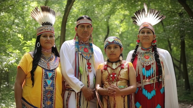 Una familia nativa americana realiza una ceremonia sagrada para honrar y conectarse con sus ancestros y el mundo natural reafirmando sus creencias espirituales y culturales Generado por AI