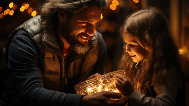 Foto familia de navidad presente abierto bolsa de regalo mirando a la luz mágica en la noche interior del árbol de navidad