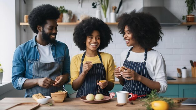 Família negra alegre se divertindo com comida saudável na cozinha