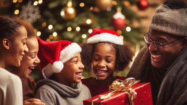 Família negra feliz com crianças e pais abrindo presentes de Natal Feliz Natal e Feliz