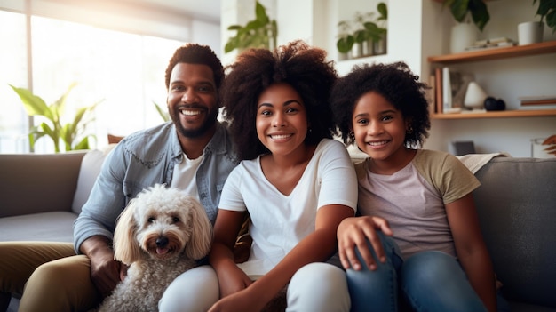Família negra feliz e cão em fundo borrado da sala de estar no sofá