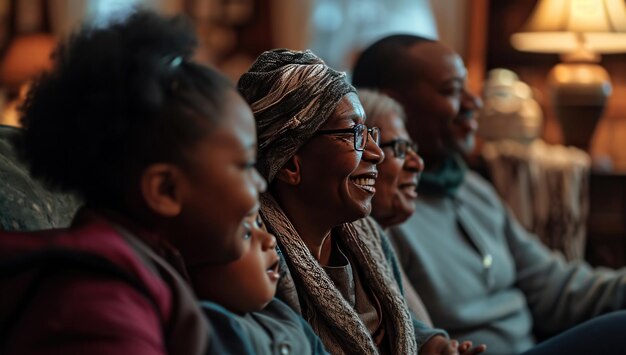 Una familia negra que incluye niños y adultos mirando alegremente juntos El concepto de unidad familiar y alegría