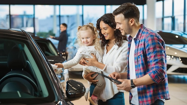 Familia con una niña pequeña eligiendo un coche en una sala de exposición de automóviles