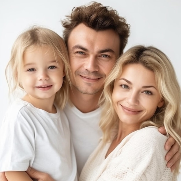 Una familia con un niño con una camisa blanca.