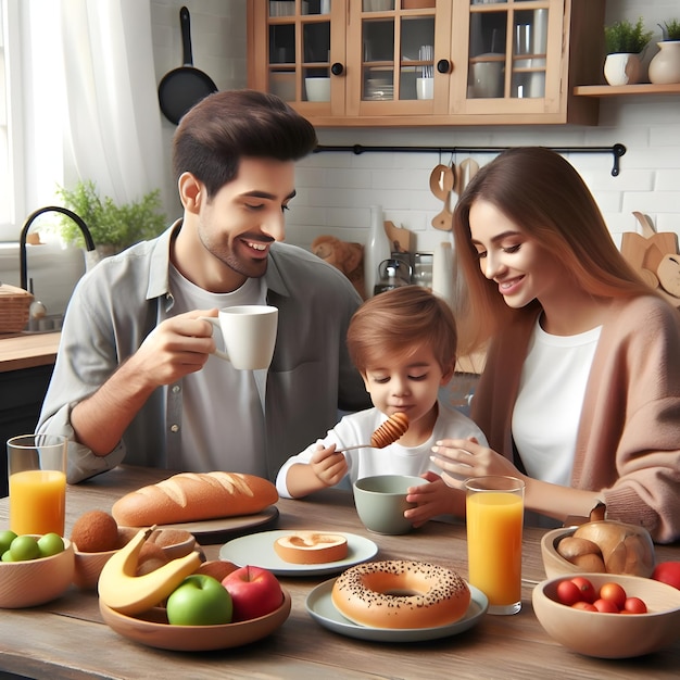 Foto familia con niño en la cocina tomando el desayuno