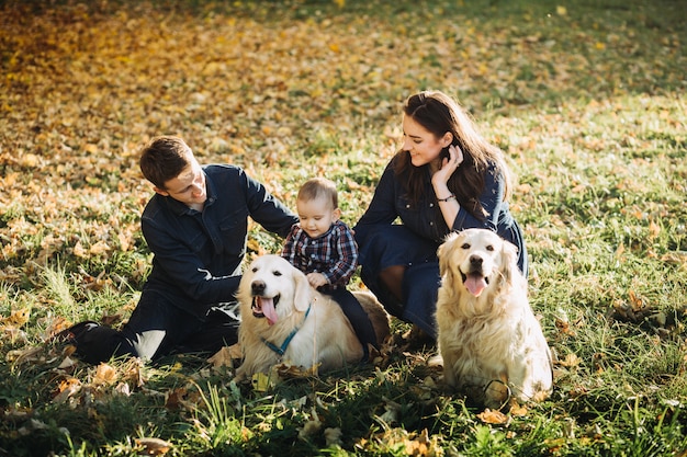 Familia con un niño y dos golden retrievers en un parque de otoño
