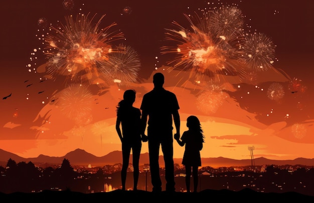 una familia y un niño de pie frente a los fuegos artificiales