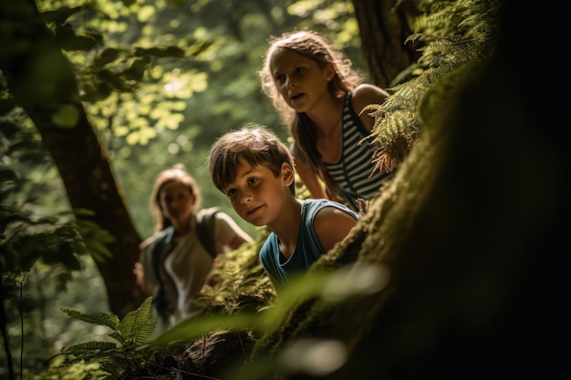 Familia con niños caminando por el bosque generativo ai