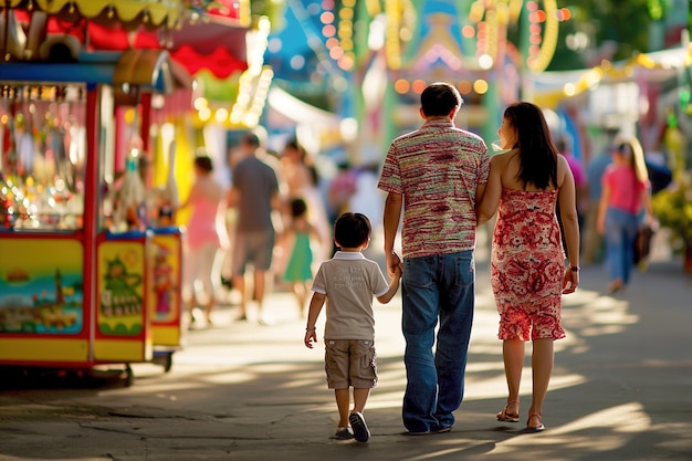 Una familia con niños caminando en un parque de atracciones