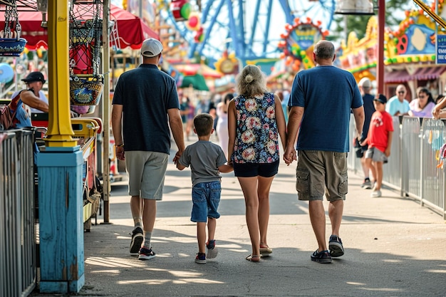 Una familia con niños caminando en un parque de atracciones