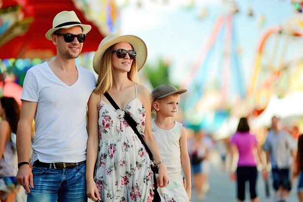 Una familia con niños caminando en un parque de atracciones