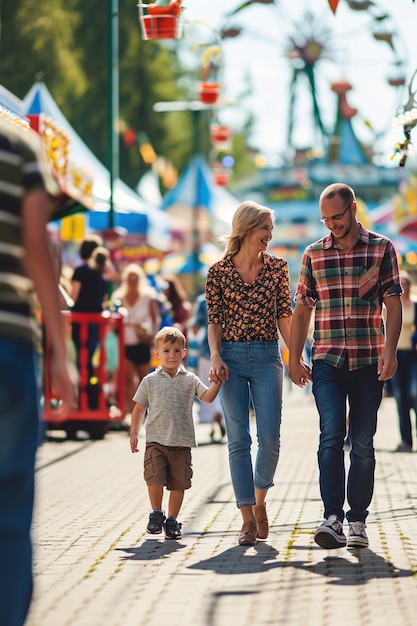 Una familia con niños caminando en un parque de atracciones