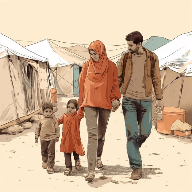 Familia con niños del Este en un campamento de refugiados