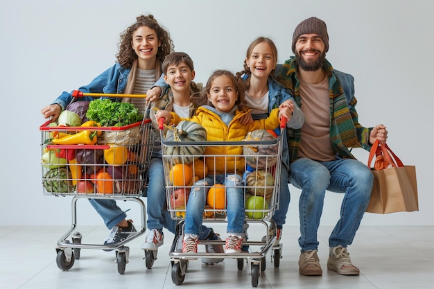 una familia con niños en un carrito de compras con un niño y un niño con un sombrero