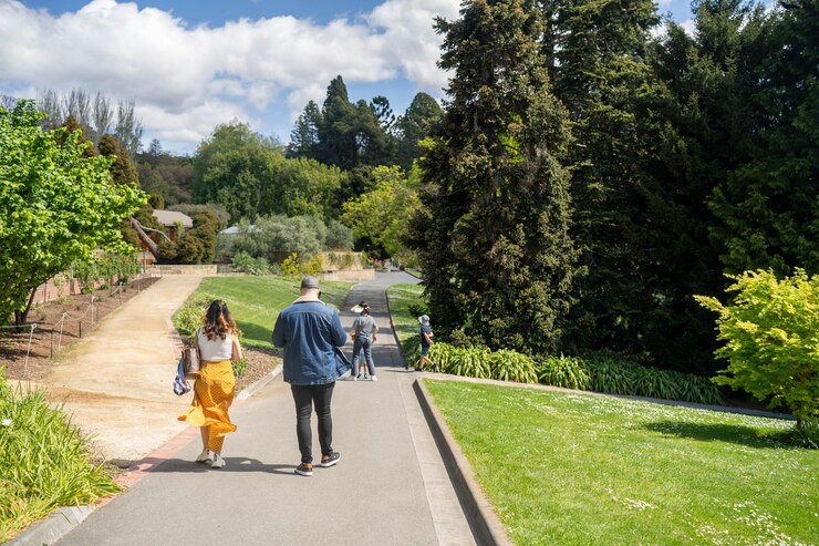 Foto familia con niños explorando la naturaleza caminando en jardines botánicos en australia