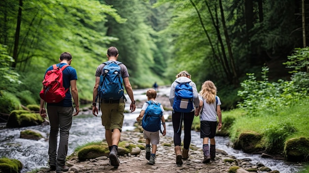 Familia con niños paseando por el bosque disfrutando del olor de la naturaleza