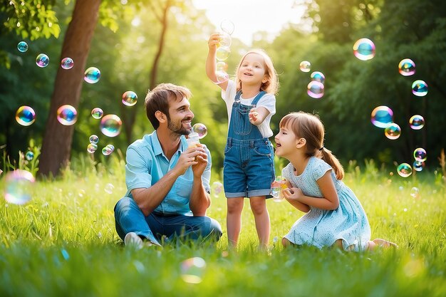 Familia con niños soplan burbujas de jabón al aire libre