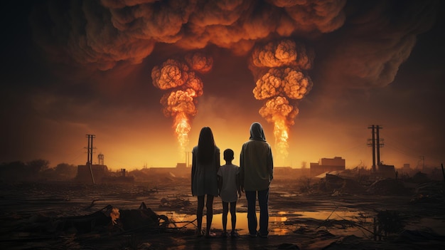 Família no contexto de uma explosão nuclear durante o dia Onda de choque do céu tempestuoso contra