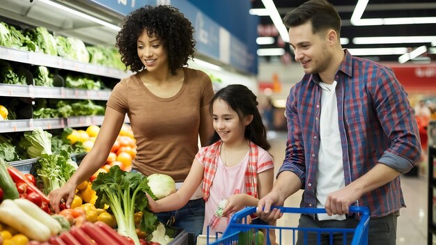 Foto família no supermercado. mulher de camiseta castanha. as pessoas escolhem vegetais.
