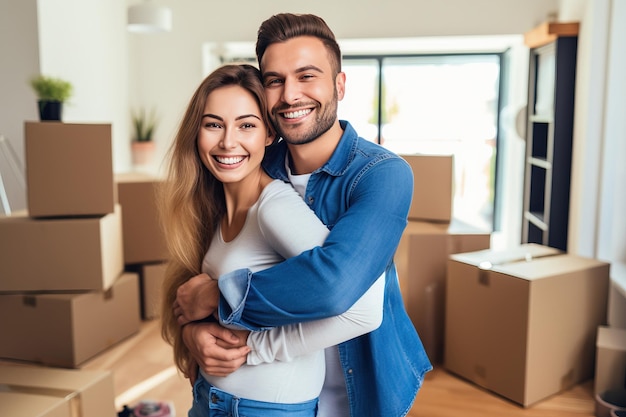 Familia Nueva casa Mudanza en Pareja joven feliz y emocionada IA generativa