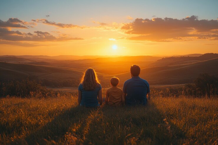 La familia observa la puesta de sol sobre las colinas rodantes