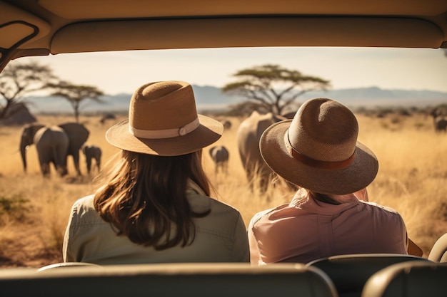 Una familia observando una manada de elefantes desde su punto de vista Generative Ai