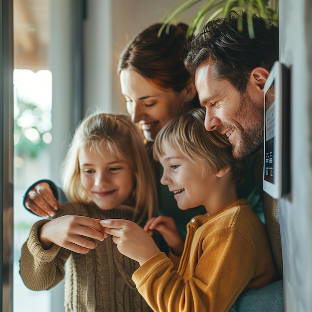 Foto família olhando para o ajuste de termostato inteligente