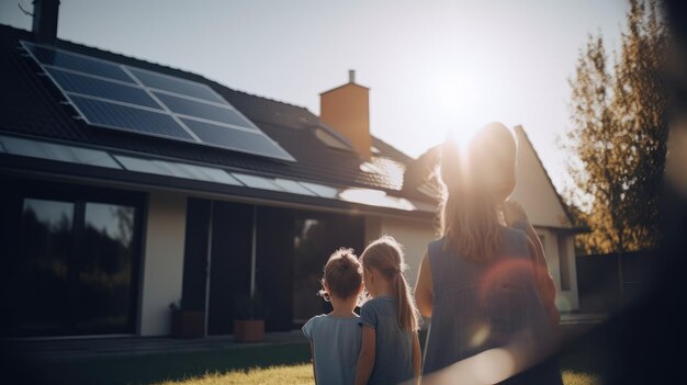 Família olhando para uma casa com painéis solares ao pôr do sol.