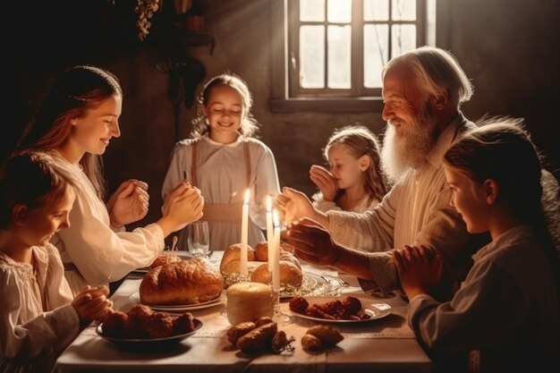 Família orando antes do jantar no jantar de Ação de Graças ai gerado