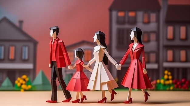 Familia de origami caminando por la calle