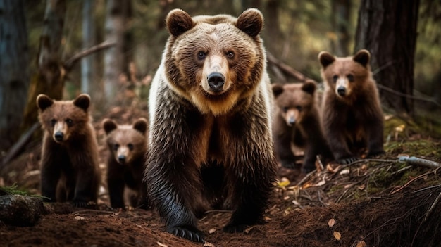 Una familia de osos en un bosque con un cachorro de oso