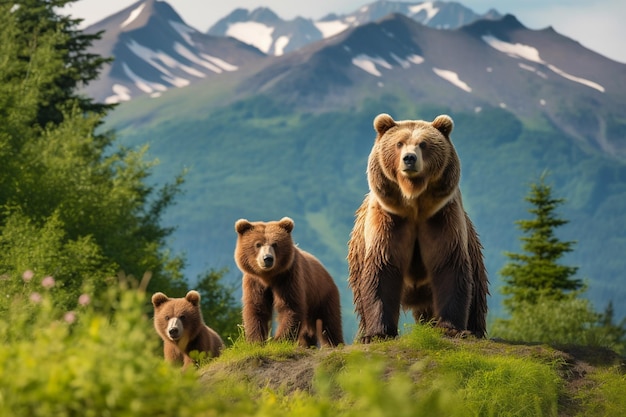 Una familia de osos, uno de los cuales es un cachorro de oso.