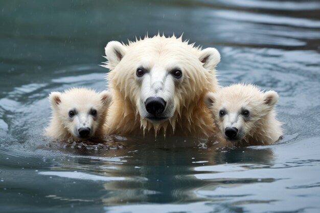 Familia de osos polares disfrutando de un baño en aguas frías creado con IA generativa.