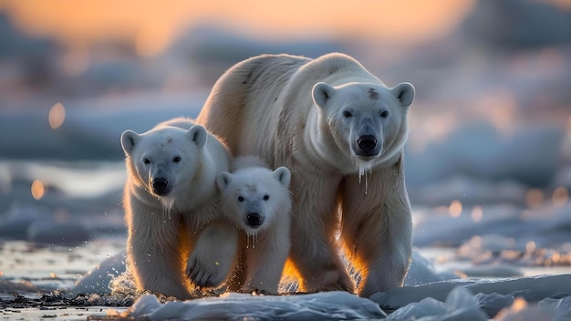 La familia de osos polares salvada del derretimiento del hielo gracias a la conciencia del calentamiento global y los esfuerzos de conservación Concepto El calentamiento global Los esfuerzos de conservación de los osos polar El derretimiento de hielo La conciencia ambiental
