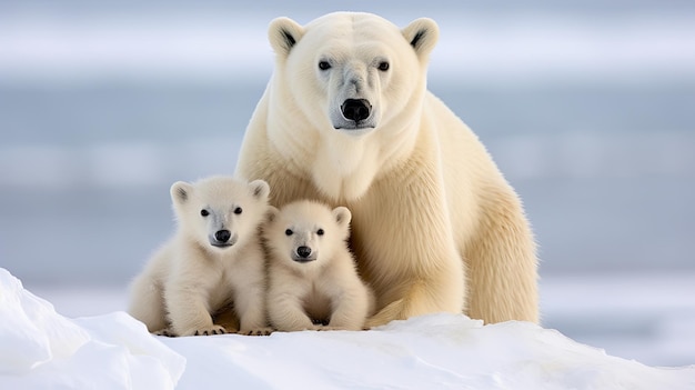 Una familia de osos polares en la tundra ártica