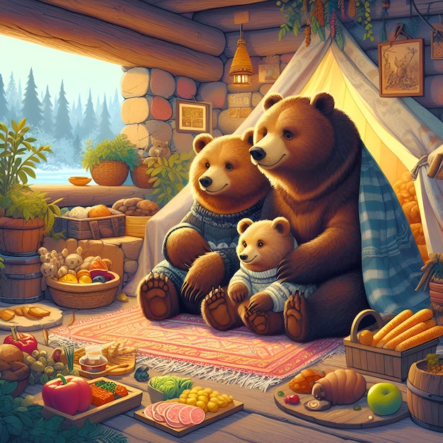 Una familia de osos sentados en su madriguera
