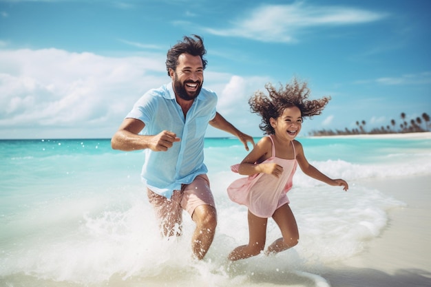 Foto familia de padre e hija divirtiéndose juntos en vacaciones familiares en la playa