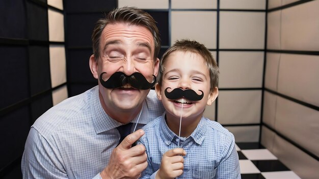 Foto família pai engraçado e seu filho criança segurando acessórios de bigode preto para a cabine de fotos cara de perto