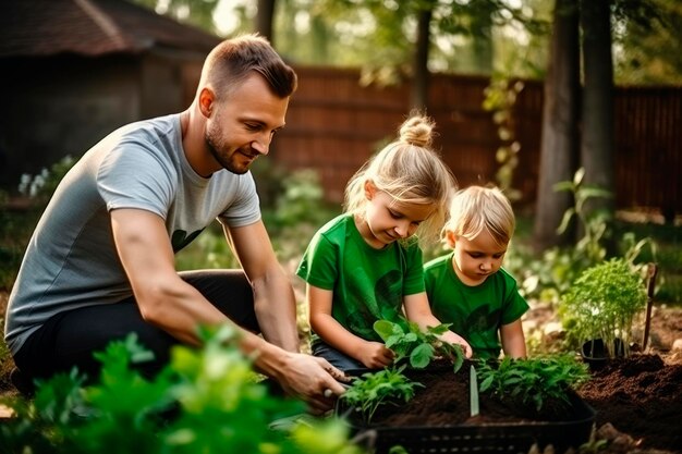 família pai filha e filho um menino e uma menina estão plantando plantas e legumes borrado