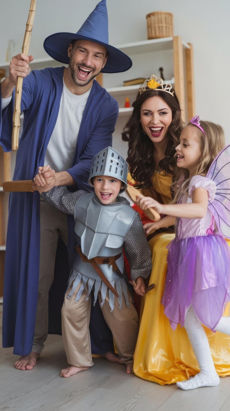 Foto família pais e brincar de disfarce com as crianças para diversão ligação e entretenimento em casa juntos exci
