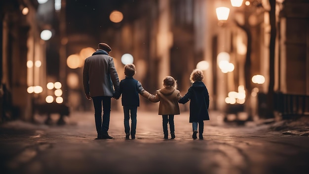 Família, pais e filhos passeando Figuras de brinquedo Família feliz