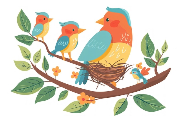 Familia de pájaros alegres en una rama en flor Una escena colorida y conmovedora