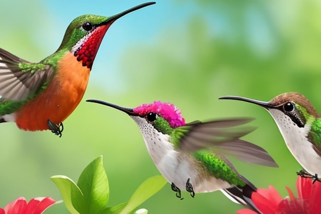 Una familia de pájaros alrededor de un exuberante jardín de flores silvestres