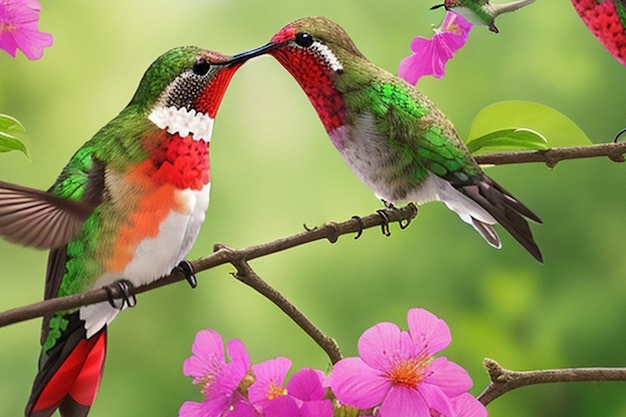 Una familia de pájaros alrededor de un exuberante jardín de flores silvestres