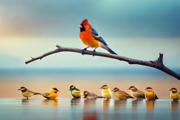 Una familia de pájaros con uno de ellos en una rama.