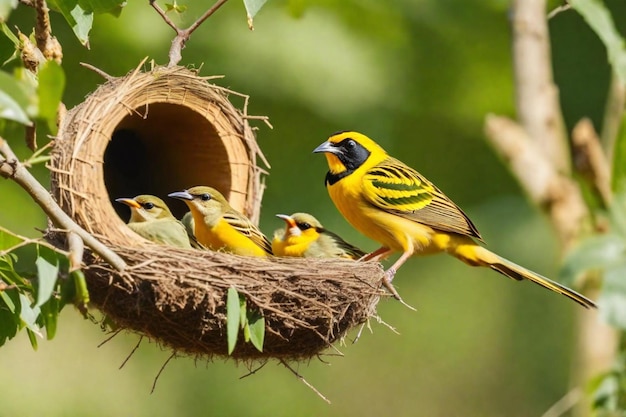 una familia de pájaros están en un nido con un bebé pájaro