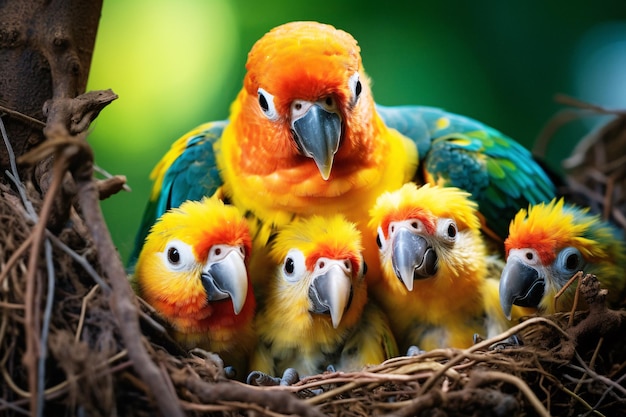 una familia de pájaros en un nido con sus bebés