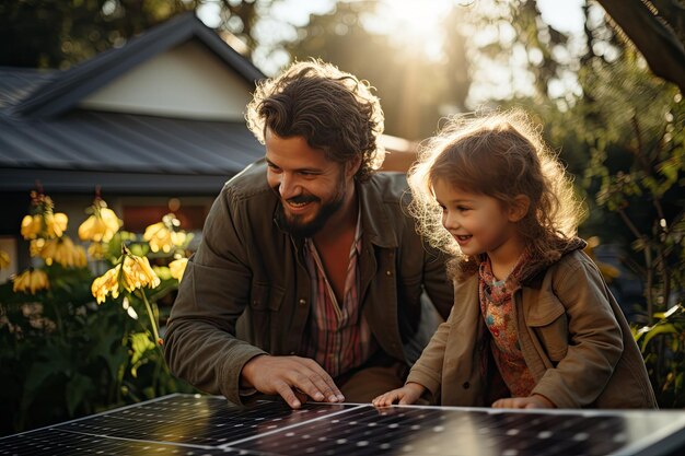 Foto familia con panel solar energía sostenible y mejor concepto de futuro