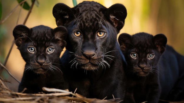 Familia de panteras negras en estado salvaje.