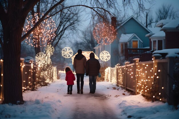 Família passeia por um bairro nevado iluminado por luzes festivas